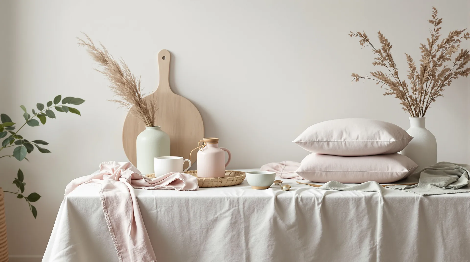 Linge de maison en lin et percale, bols en grès et planche en hêtre réunis sur une table